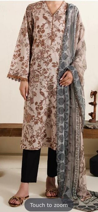 Cross stitch printed 3pc suit cambric with printed chiffon dupatta