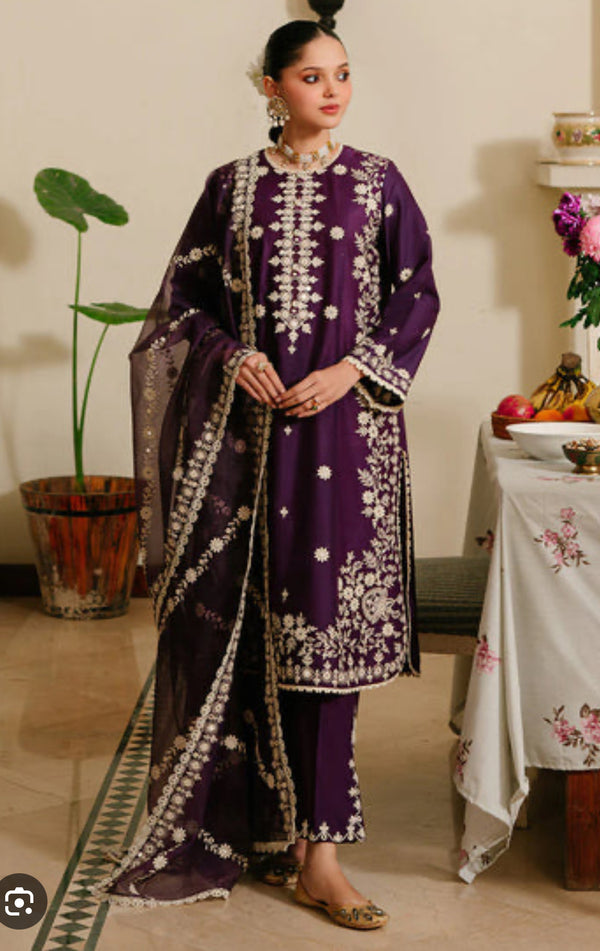 Cross stitch emb 3pc suit lawn with organza net dupatta