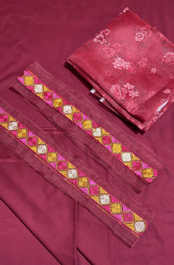 Cross stitch plain 3pc suit lawn patches 5meter with organza dupatta