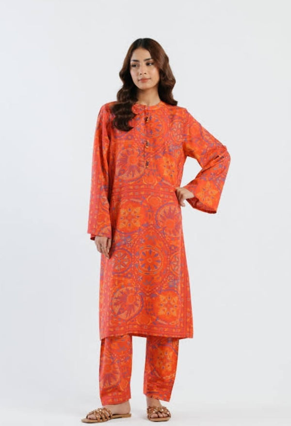 Ethnic allover 2pc suit slub khadar