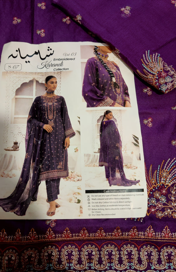 Shamiyana emb 3pc suit karandi with emb chiffon dupatta