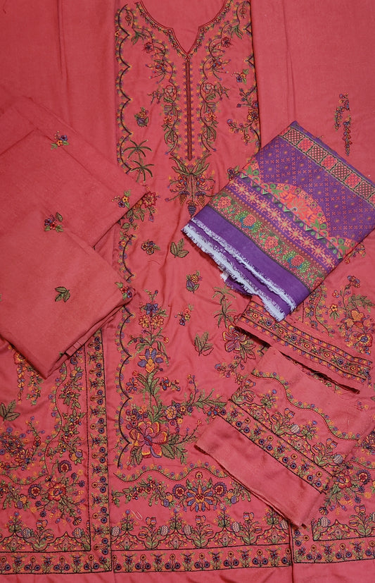 Hussain rehar emb 2pc shirt and shawl peach wool