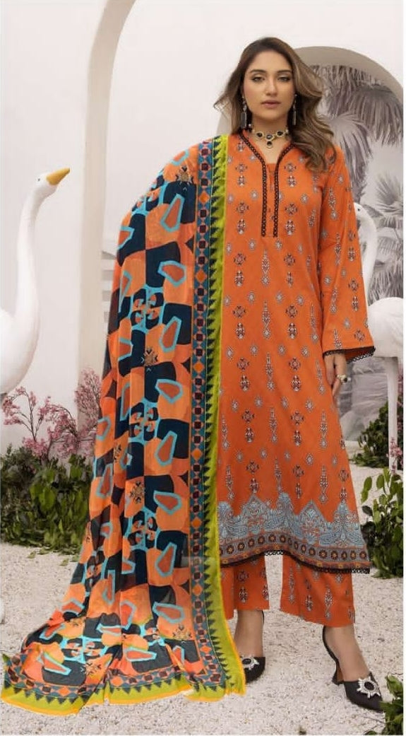 AANSA by legends printed lawn 3pc with printed chiffon dupatta