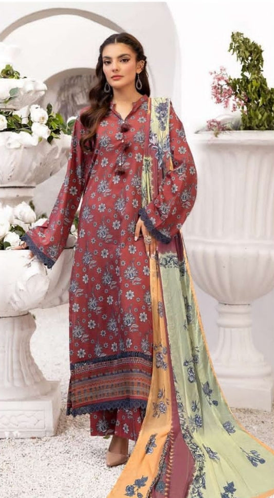 AANSA by legends printed lawn 3pc with printed chiffon dupatta