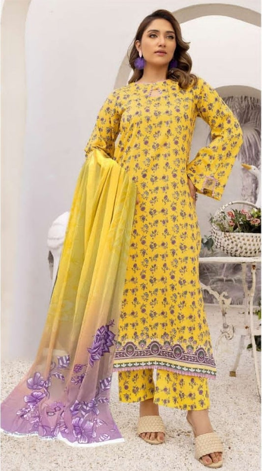 AANSA by legends printed lawn 3pc with printed chiffon dupatta